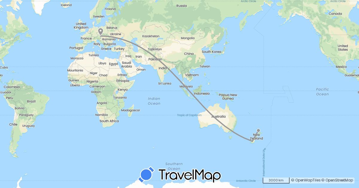 TravelMap itinerary: driving, plane in Austria, New Zealand (Europe, Oceania)